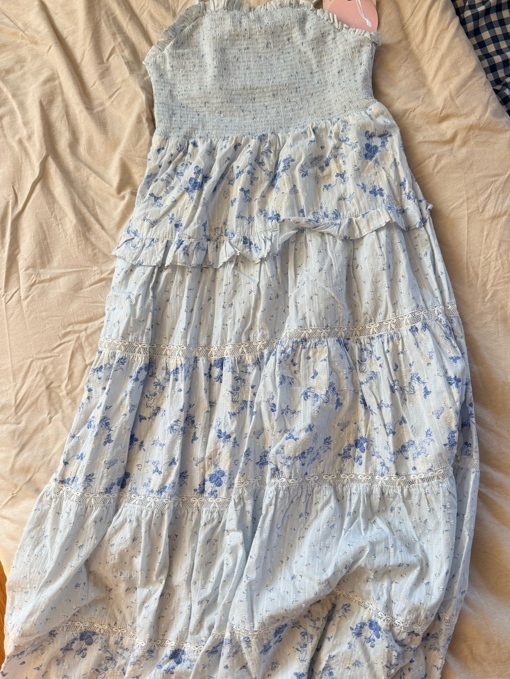 LoveShackFancy Pale Blue & White Floral Tiered Maxi Dress